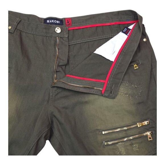 Makobi Mens Distressed Faded Pants Olive Green Size 50X32 With Zipper Accents - Picture 9 of 11